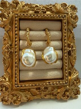 Gold-Tone Pearl Drop Hoop Earrings - Elegant White Pearl